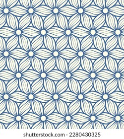 Vector abstract floral illustration. Ornamental geometric blue flowers on a white background. Seamless repeating pattern. Graphic texture for fabrics, wrapping, print, web, and decorative projects.