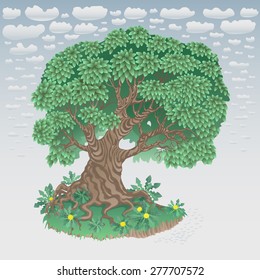 Vector abstract floral illustration in retro cartoon style. Big tree with dense foliage, bright yellow blooming dandelion, green grass on the bank of a small river against the blue sky with clouds