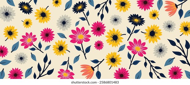 Vector Abstract Floral Pattern with Graphic Minimalistic or Vintage Style in Muted Color Palette – Elegant Botanical Design for Wallpapers, Textiles, and Backgrounds