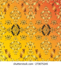 vector abstract floral pattern on orange and yellow background with golden elements