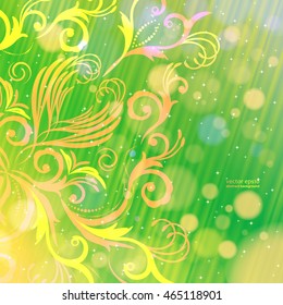 Vector abstract floral pattern on a green background with bokeh. Magical fantasy flowers design card. 