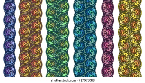Vector abstract floral round braided elements tile stripes. Rhythmic borders set