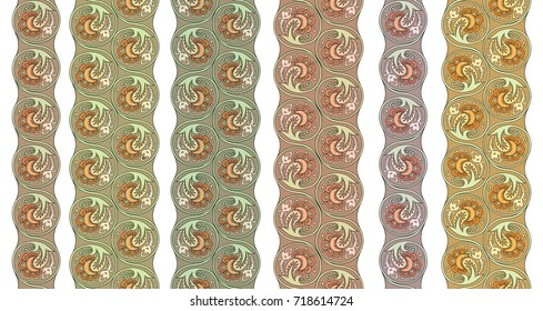Vector abstract floral round braided elements tile stripes. Rhythmic borders set