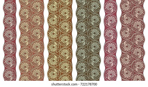 Vector abstract floral round braided elements tile stripes. Rhythmic borders set