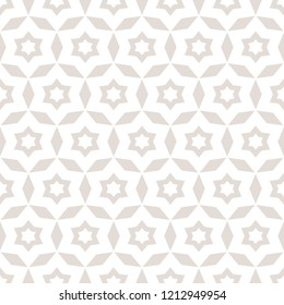 Vector abstract floral seamless pattern. Subtle white and beige background. Simple geometric ornament. Delicate graphic texture with stars, flower shapes, rhombuses, grid, net. Repeatable design