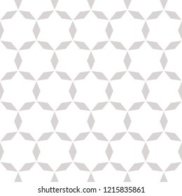 Vector abstract floral seamless pattern. Subtle white and gray background. Simple geometric ornament. Delicate graphic texture with diamond shapes, stars, rhombuses, grid, net, lattice. Repeat design