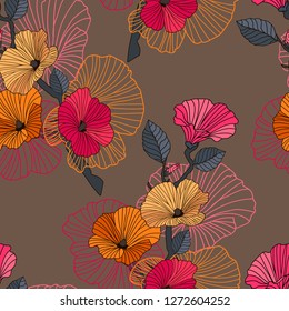 Vector abstract floral seamless pattern. Branch with red, orange and pink flowers with outline hand drawn on brown background. Design concept for fabric design, textile print, wrapping paper or web.