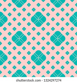 Vector abstract floral seamless pattern. Pink and turquoise colored background. Simple minimal geometric ornament. Elegant graphic texture with small flower shapes, circles, dots. Cute repeat design