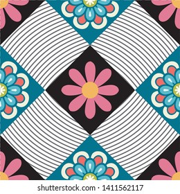 Vector abstract floral seamless pattern, ornamental background, repeat geometric tiles, flower figures, curved lines, grid, lattice.