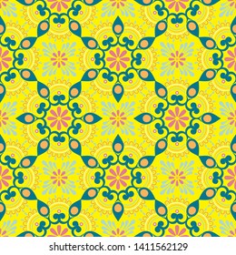 Vector abstract floral seamless pattern, ornamental background, repeat geometric tiles, flower figures, curved lines, grid, lattice.