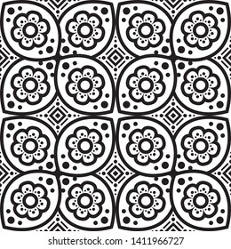 Vector abstract floral seamless pattern, ornamental background, repeat geometric tiles, flower figures, curved lines, grid, lattice. Elegant monochrome ornament texture.