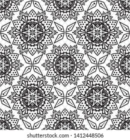 Vector abstract floral seamless pattern, ornamental background, repeat geometric tiles, flower figures, curved lines, grid, lattice. Elegant monochrome ornament texture.