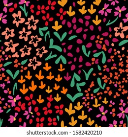 Vector abstract floral seamless pattern with daisies and meadow flowers. Simple fantasy plants made of buds and leaves. Glade of small flowers. Flat doodle background for textile, fabric, fashion.