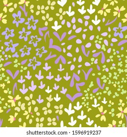 Vector abstract floral seamless pattern with daisies and meadow flowers. Simple fantasy plants made of buds and leaves. Glade of small flowers. Flat doodle background for textile, fabric, fashion.