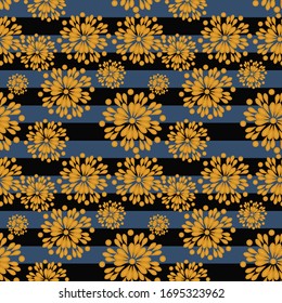 Vector abstract floral seamless pattern. Elegant ornament with yellow flowers on striped black and blue background. Simple hand drawn ornament texture. Repeat design for decor, wallpaper, fabric