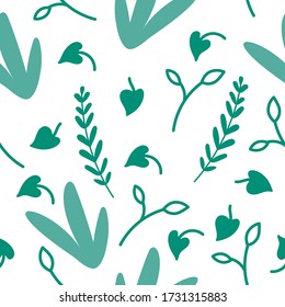 Vector abstract floral seamless pattern with bushes and leaves in fresh green colors in flat doodle style for textile prints on white background.