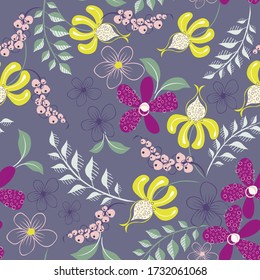Vector abstract floral seamless pattern. Simple background texture with hand drawn flowers, leaves, twigs, buds. Modern colorful ornament. Doodle style sketch illustration. Repeat decorative design