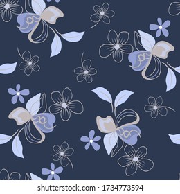 Vector abstract floral seamless pattern. Simple background texture with cute hand drawn flowers, blue leaves. Doodle style sketch illustration. Stylish funky repeat design for tileable print, wrapping