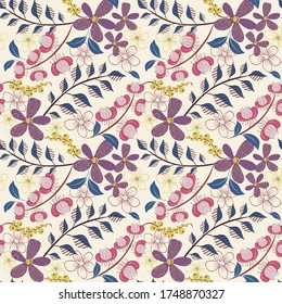 Vector abstract floral seamless pattern. Simple background texture with cute fantasy flowers, small leaves, twigs, berries, buds, hand drawn elements. Doodle style illustration. Stylish repeat design 