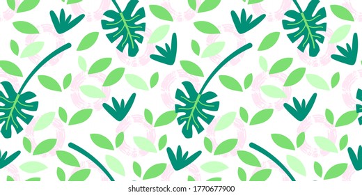 Vector abstract floral seamless pattern with monstera leaves in green and pink colors in flat doodle style for textile prints on white background.
