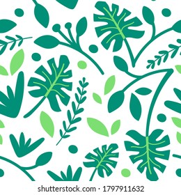Vector abstract floral seamless pattern with monstera leaves in fresh green colors in flat doodle style for textile prints on white background.