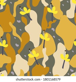 Vector abstract floral seamless pattern in scandinavian style. Modern doodle painting. Texture with flower silhouettes, cactus, organic shapes. Stylish background in yellow color. Repeat design