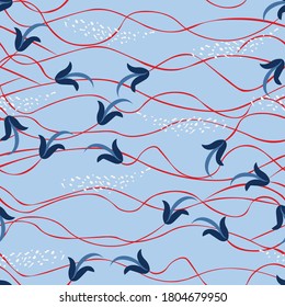 Vector abstract floral seamless pattern. Simple background texture with curved lines, leaves, seaweeds, flowers. Fresh organic design. Marine nautical theme. Red and blue colors. Repeatable design