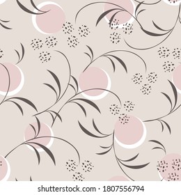 Vector abstract floral seamless pattern. Elegant background with leaves, branches, circles. Texture with flower silhouettes in pastel colors. Repeat design for print, cover, wallpaper, decor, textile