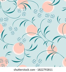 Vector abstract floral seamless pattern. Elegant background with leaves, branches, circles. Fresh organic design. Texture in trendy pastel colors. Stylish repeat design for print, wallpapers, decor