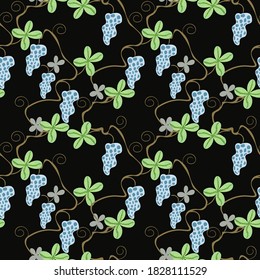 Vector abstract floral seamless pattern in doodle style. Modern hand drawn background. Texture with flower silhouettes, leaves, grapes, curves, organic shapes. Green, blue, black color. Repeat design