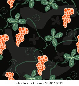 Vector abstract floral seamless pattern in doodle style. Modern hand drawn background. Texture with flower silhouettes, leaves, grapes, berries, curves, organic shapes. Green, orange, black colors