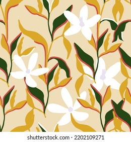 Vector abstract floral seamless pattern. Trendy exotic jungle contemporary tropical leaves and flowers background. Hawaiian plant surface.