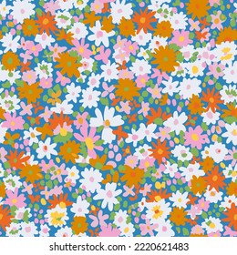 Vector abstract floral seamless pattern with daisies. Simple fantasy flowers made of small buds and petals. Glade of flowers. Flat background for textile, fabric, wrapping and surface.