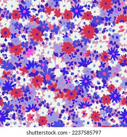 Vector abstract floral seamless pattern with daisies. Simple fantasy flowers made of small buds and petals. Glade of flowers. Flat background for textile, fabric, wrapping and surface.