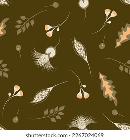 Vector abstract floral seamless pattern in scandinavian style. Modern doodle painting. Texture with berries, autumn fruits, flowers, organic shapes warm tones on a  green background. Repeated design