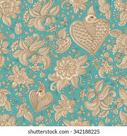 Vector abstract floral seamless pattern. Exotic bird with fantastic flowers, leaves. Light beige fairy parrot silhouette in the jungle on a turquoise blue background.Textile bohemian print.Batik paint