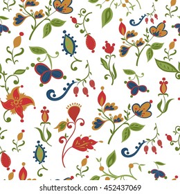 Vector abstract floral seamless pattern in red blue and green colors. All objects are conveniently grouped and are easily editable.