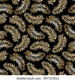 Vector abstract floral seamless pattern.Golden twinkles.Tropical palm leaves.Exotic foliage silhouette.Dappled dark black background.Ethnic, folk. Wallpaper, bohemian textile print, batik paint