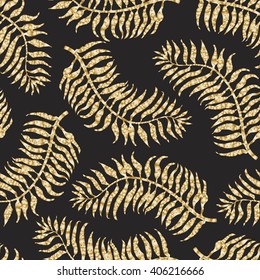 Vector abstract floral seamless pattern.Golden twinkles.Tropical palm leaves.Exotic foliage silhouette.Dappled dark black background.Ethnic, folk.Wallpaper, bohemian textile print, batik paint