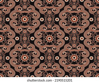 Vector abstract floral shape vintage red color seamless pattern on black background. Use for fabric, textile, interior decoration elements, upholstery, wrapping.