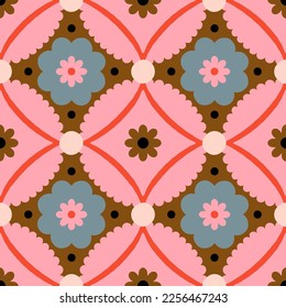 Vector abstract floral tile. Seamless pattern with geometrical flowers and shapes. Background in retro style