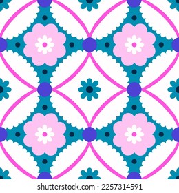 Vector abstract floral tile. Seamless pattern with geometrical flowers and shapes. Background in retro style
