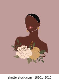 Vector abstract floral women portraits. International Women's Day. Minimalistic style with beautiful, confident black woman and bouquets. Perfect for interior design, page decoration, web and other