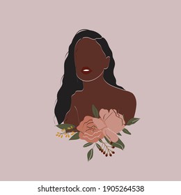 Vector abstract floral women portraits. International Women's Day. Minimalistic style with beautiful, confident black woman and bouquets. Perfect for interior design, page decoration, web and other