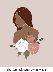 Vector abstract floral women portraits. International Women's Day. Minimalistic style with beautiful, confident black woman and bouquets. Perfect for interior design, page decoration, web and other