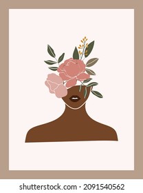 Vector abstract floral women portraits. International Women's Day. Minimalistic style with beautiful, confident black woman and bouquets. Perfect for interior design, page decoration, web and other