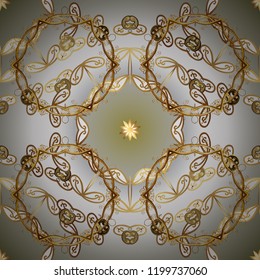 Vector abstract floral wreath from golden doodle fantasy leaves and flower on a gray, white and neutral colors. Hand drawn decorative frame, album cover, greeting card, vintage Art deco style.