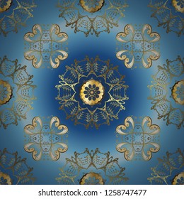 Vector abstract floral wreath from golden doodle fantasy leaves and flower on a blue, neutral and brown colors. Hand drawn decorative frame, album cover, greeting card, vintage Art deco style.