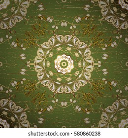Vector abstract floral wreath from golden doodle fantasy leaves and flower on a green background. Hand drawn decorative frame, album cover, invitation, greeting card, vintage Art deco style.