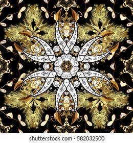 Vector abstract floral wreath from golden doodle fantasy leaves and flower on a black background. Hand drawn decorative frame, album cover, invitation, greeting card, vintage Art deco style.